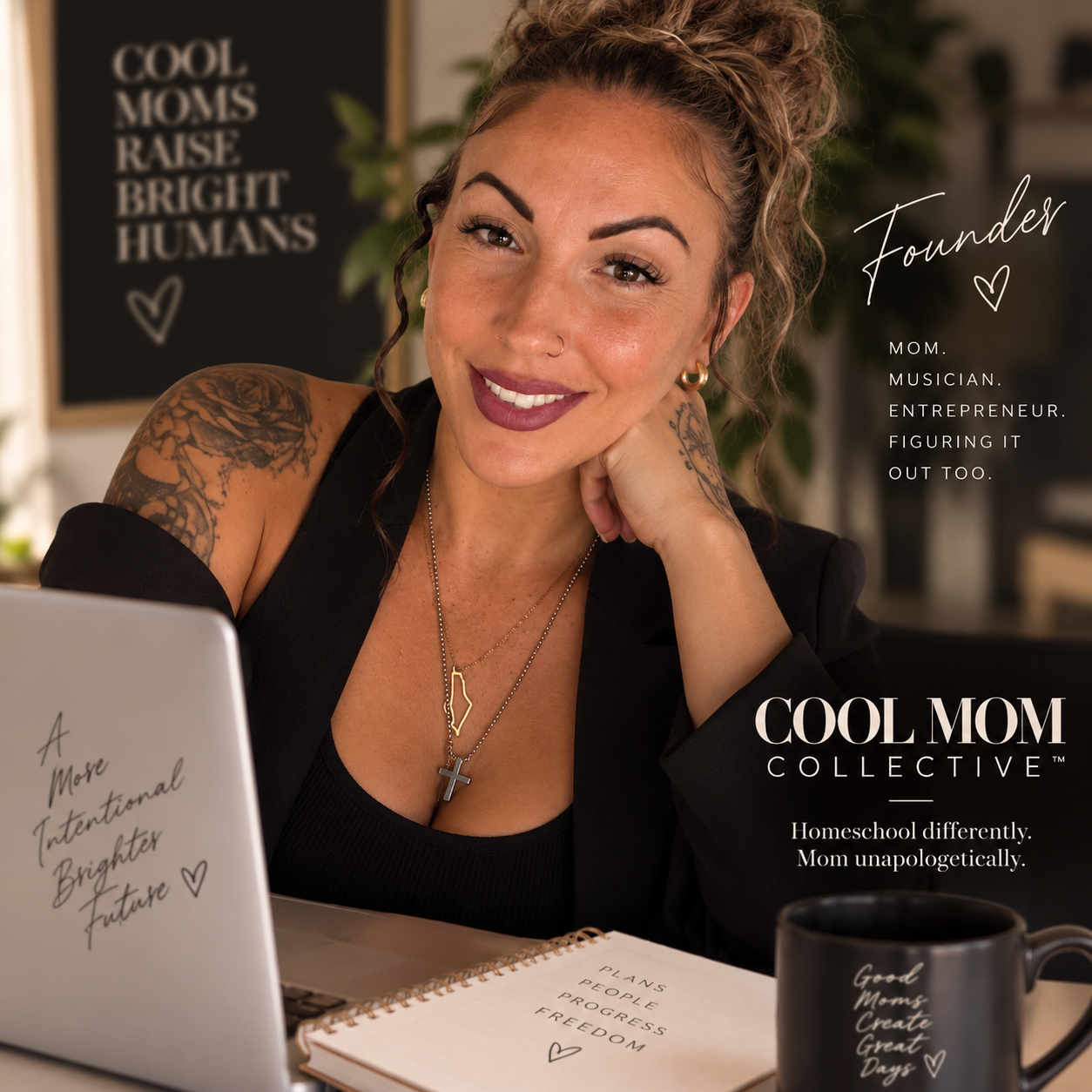 Clarissa, founder of Cool Mom Collective, working at her kitchen table beside her daughter